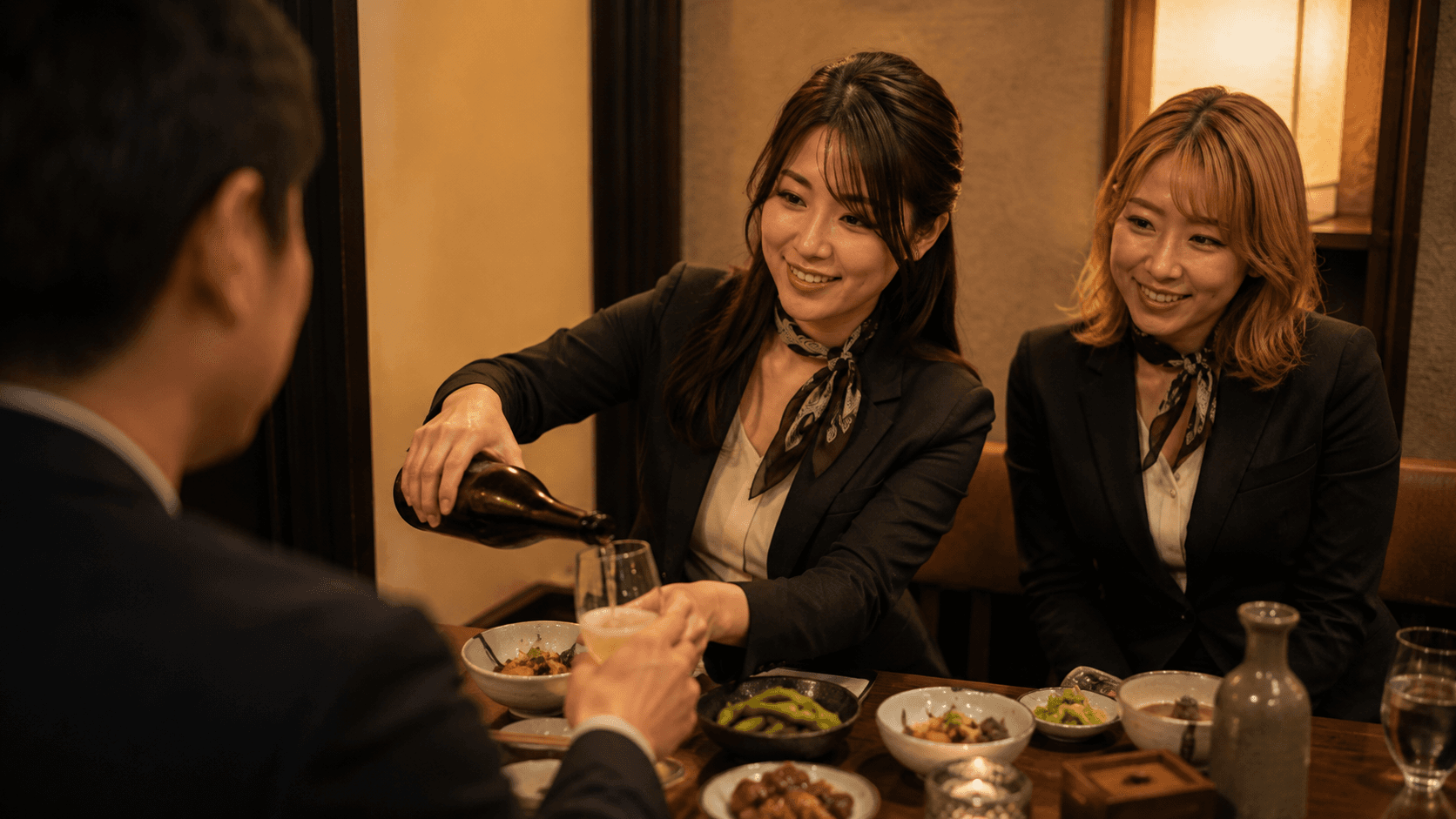 宴席でお客様へお酌するコンパニオン
